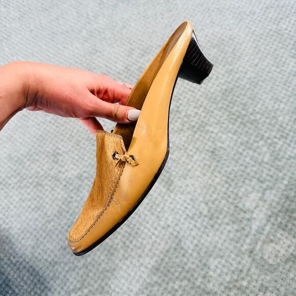 Vintage Y2K Calf Hair Warm Brown Leather Square Toe Mule Heels Franco Sarto - Picture 4 of 7